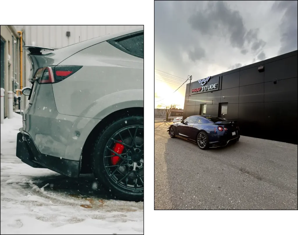 dual photo of two vehicles with freshly applied vinyl wrap from Wraptitude