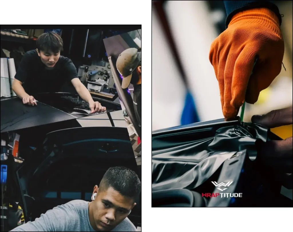 dual photo of Wraptitude team applying vinyl wrap by hand