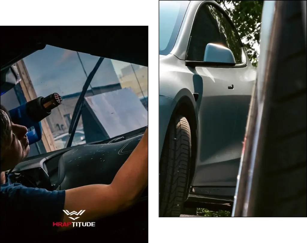 dual photo of two cars with freshly applied car window tinting by Wraptitude